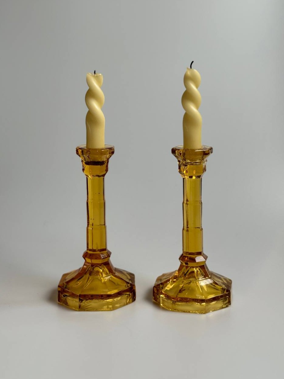 Set of Two Vintage Amber Glass Candlesticks