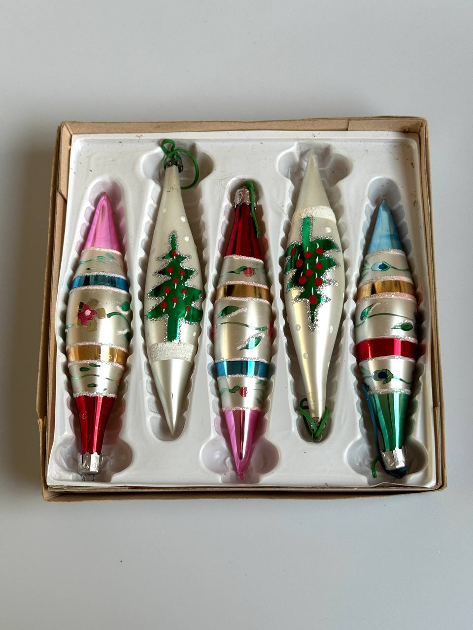 Set of 5 Vintage Hand-Painted Glass Baubles