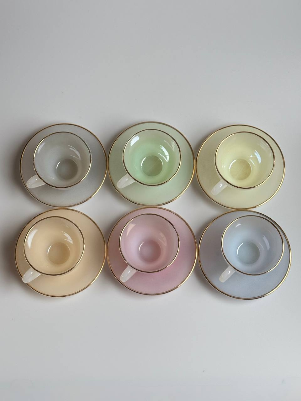 Vintage Arcopal France Harlequin Coffee Cup and Saucer Set | 1960s Pastel Opalescent | Set of 6
