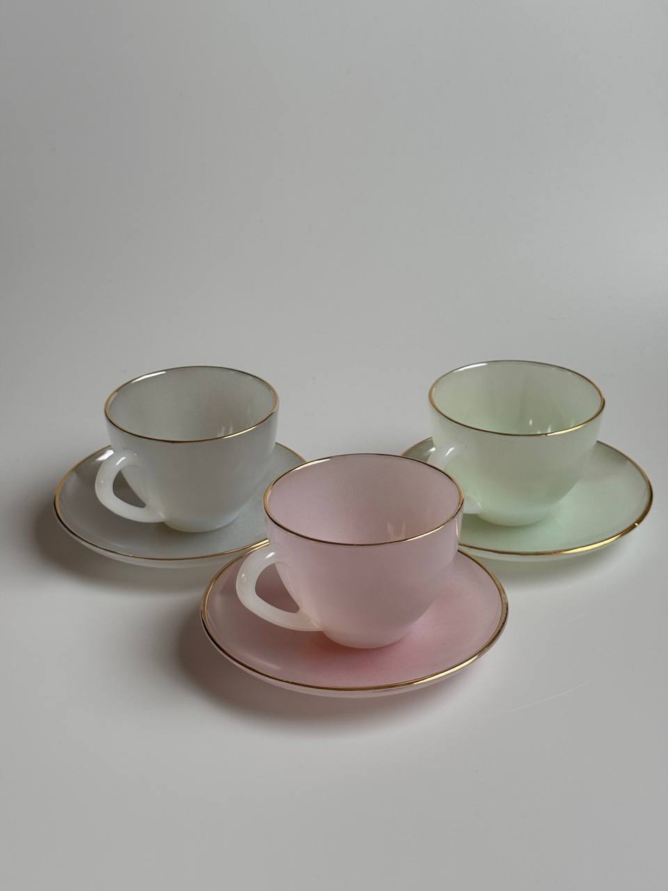 Vintage Arcopal France Harlequin Coffee Cup and Saucer Set | 1960s Pastel Opalescent | Set of 6