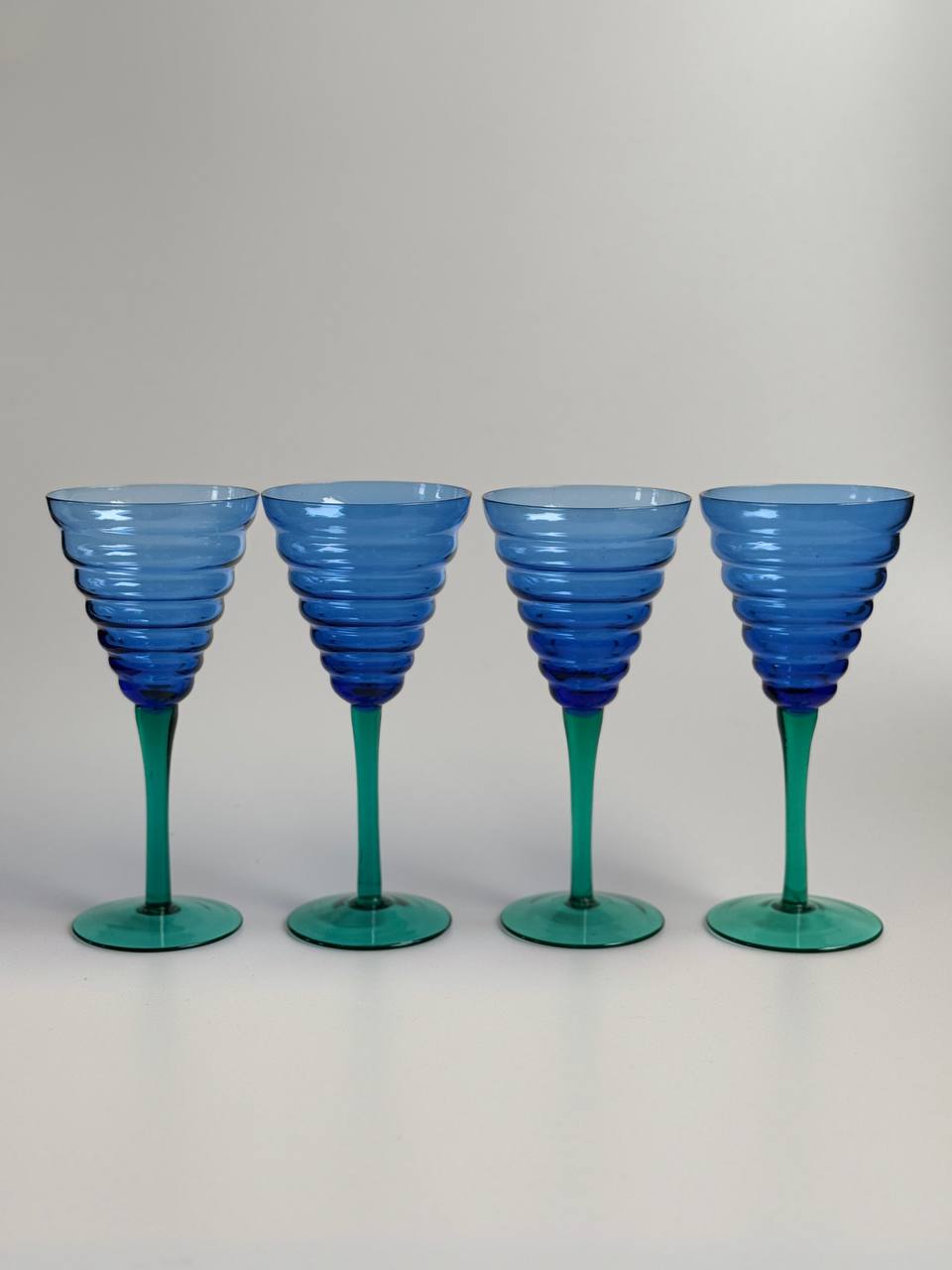 Set of 4 Vintage Blue Ribbed Wine Glasses