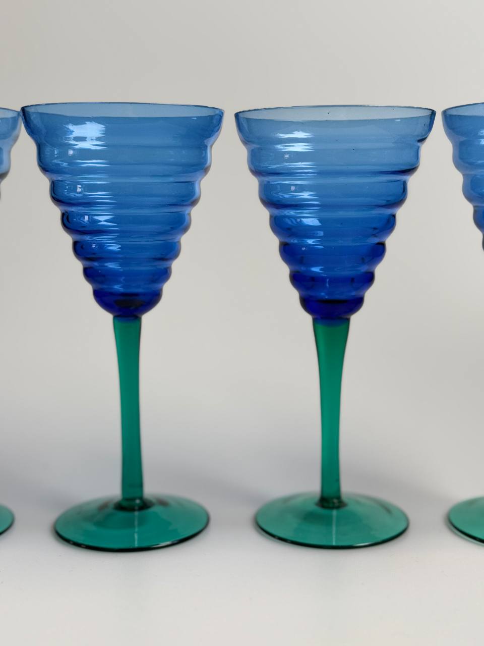 Set of 4 Vintage Blue Ribbed Wine Glasses