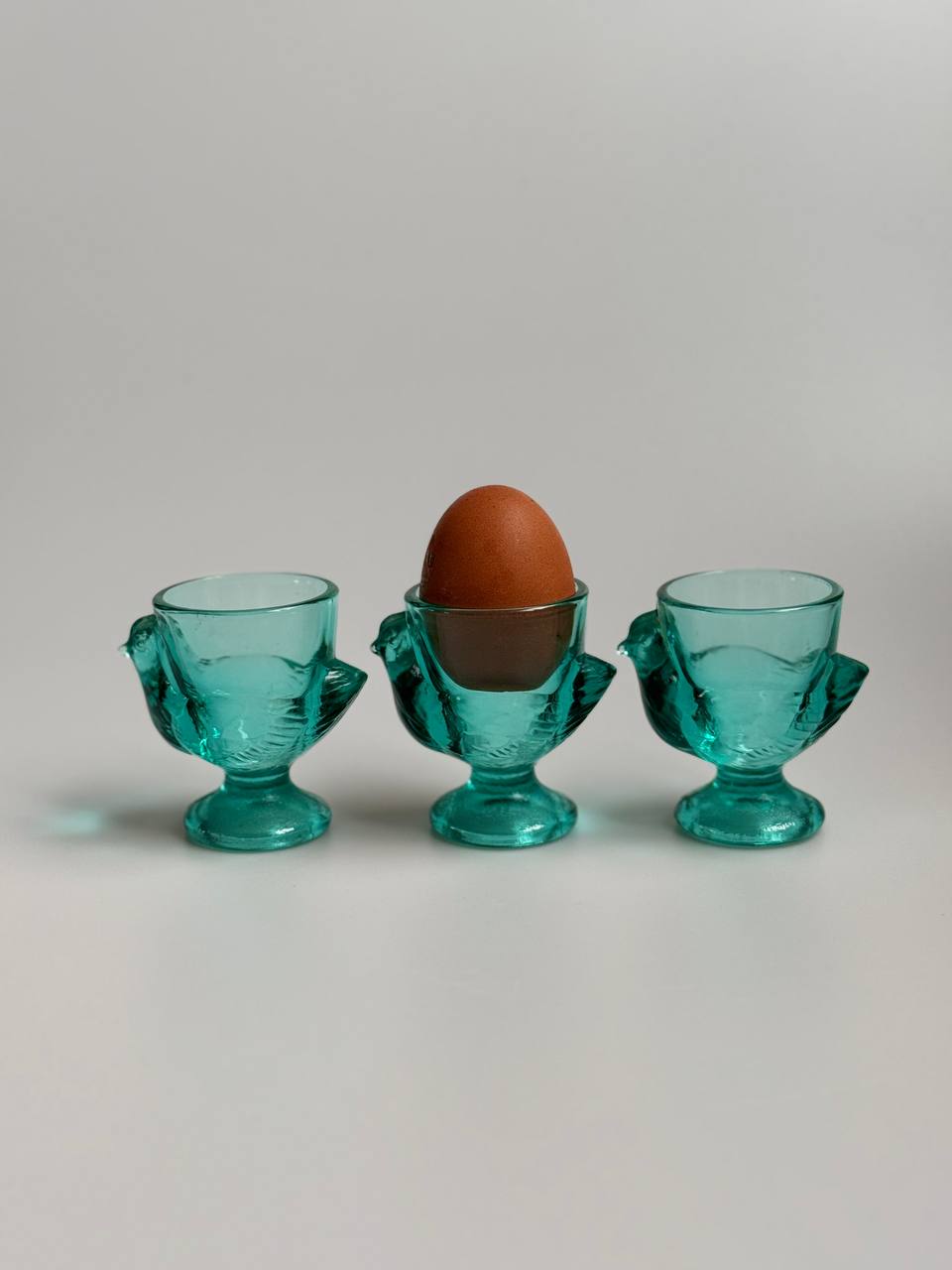 Vintage French Chicken-Shaped Glass Egg Cups – Set of 3 (Turquoise/Aqua Blue)