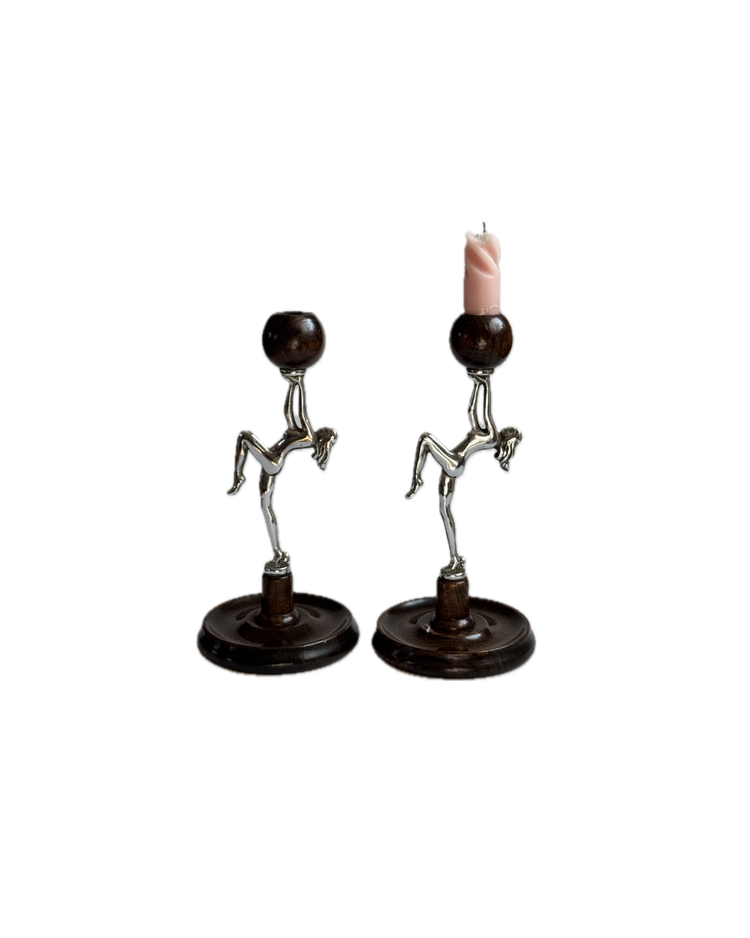 Pair of Vintage Art Deco Chrome & Wood Gymnast Candlesticks