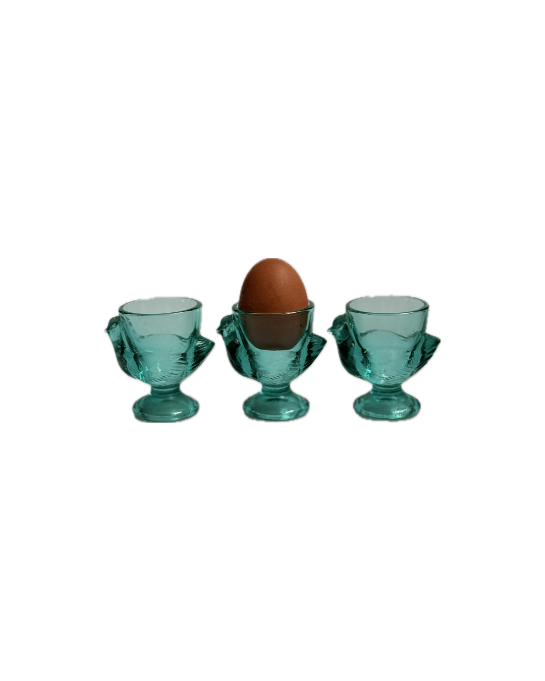 Vintage French Chicken-Shaped Glass Egg Cups – Set of 3 (Turquoise/Aqua Blue)