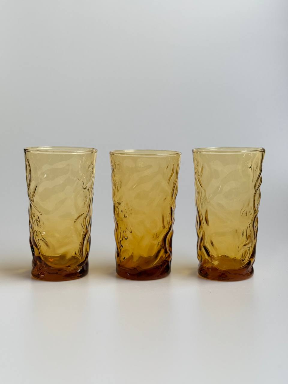 Set of 3 Vintage Amber Glass Tumblers - Retro Textured Design