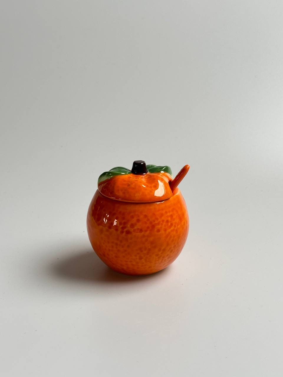 Vintage Ceramic Orange Pot with Lid and Spoon