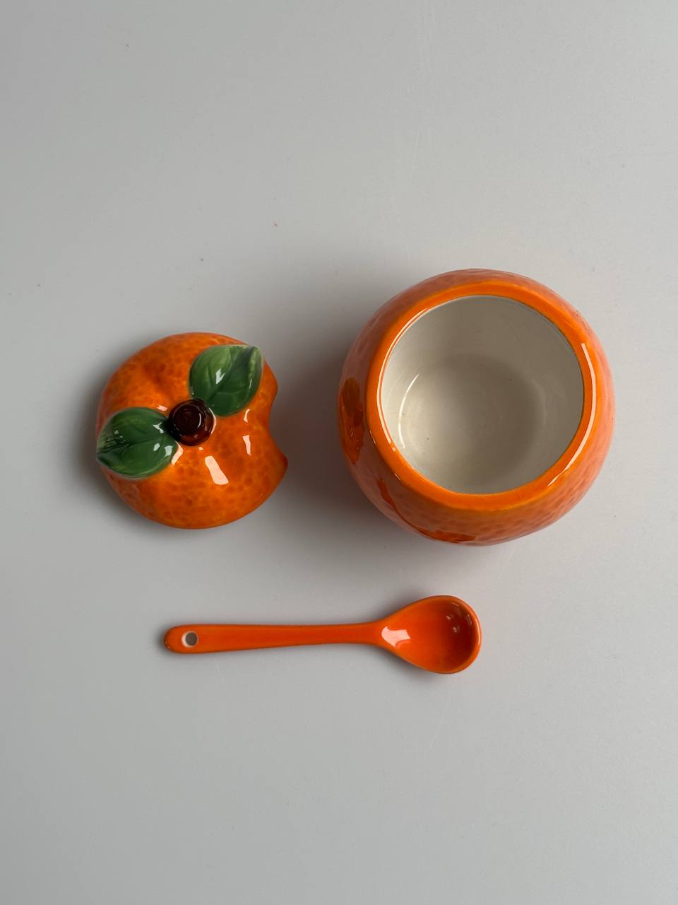 Vintage Ceramic Orange Pot with Lid and Spoon