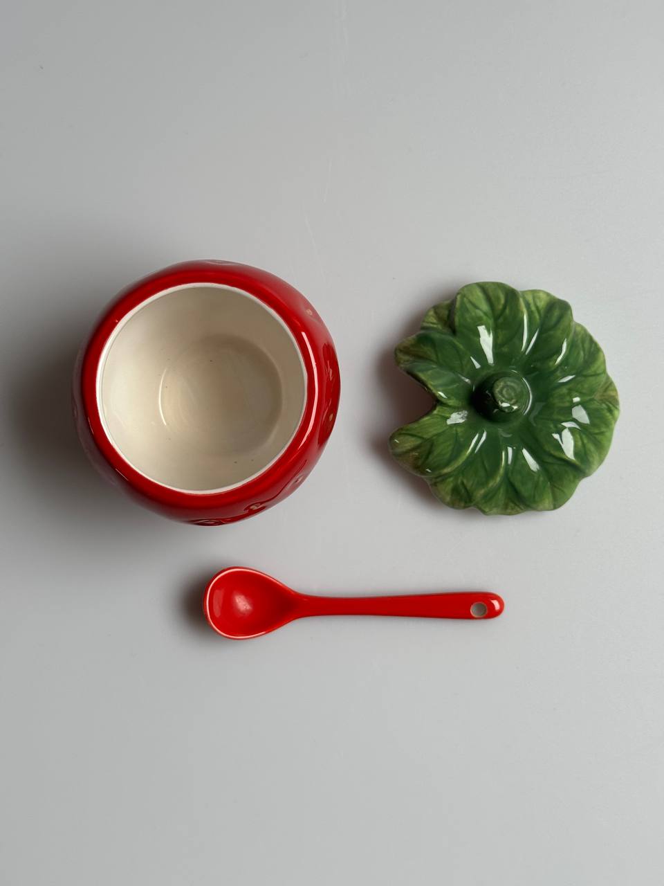 Vintage Ceramic Strawberry Pot with Lid and Spoon