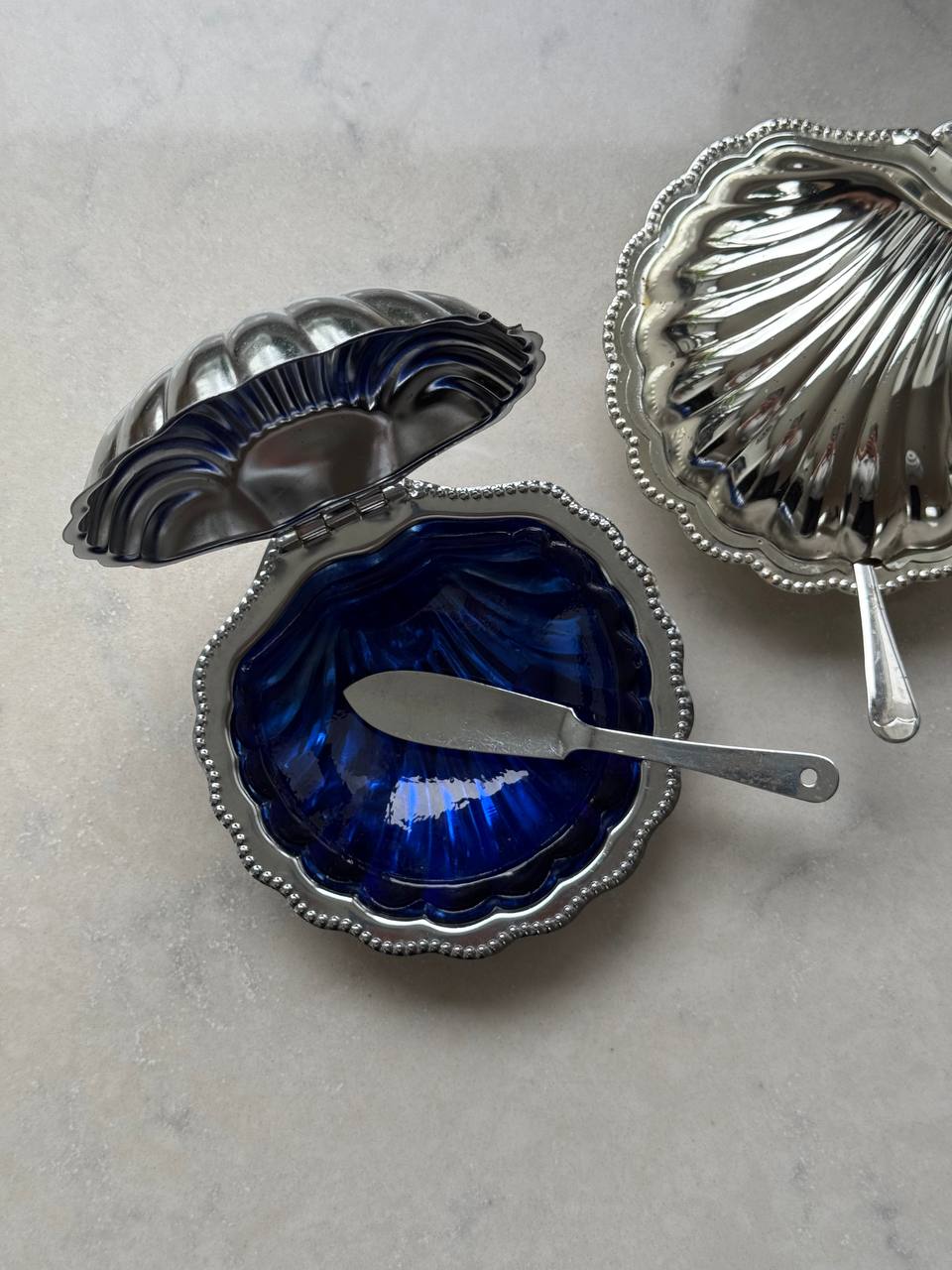 Vintage Clam Shell Butter Dish with Knife - Silver & Cobalt Blue Glass