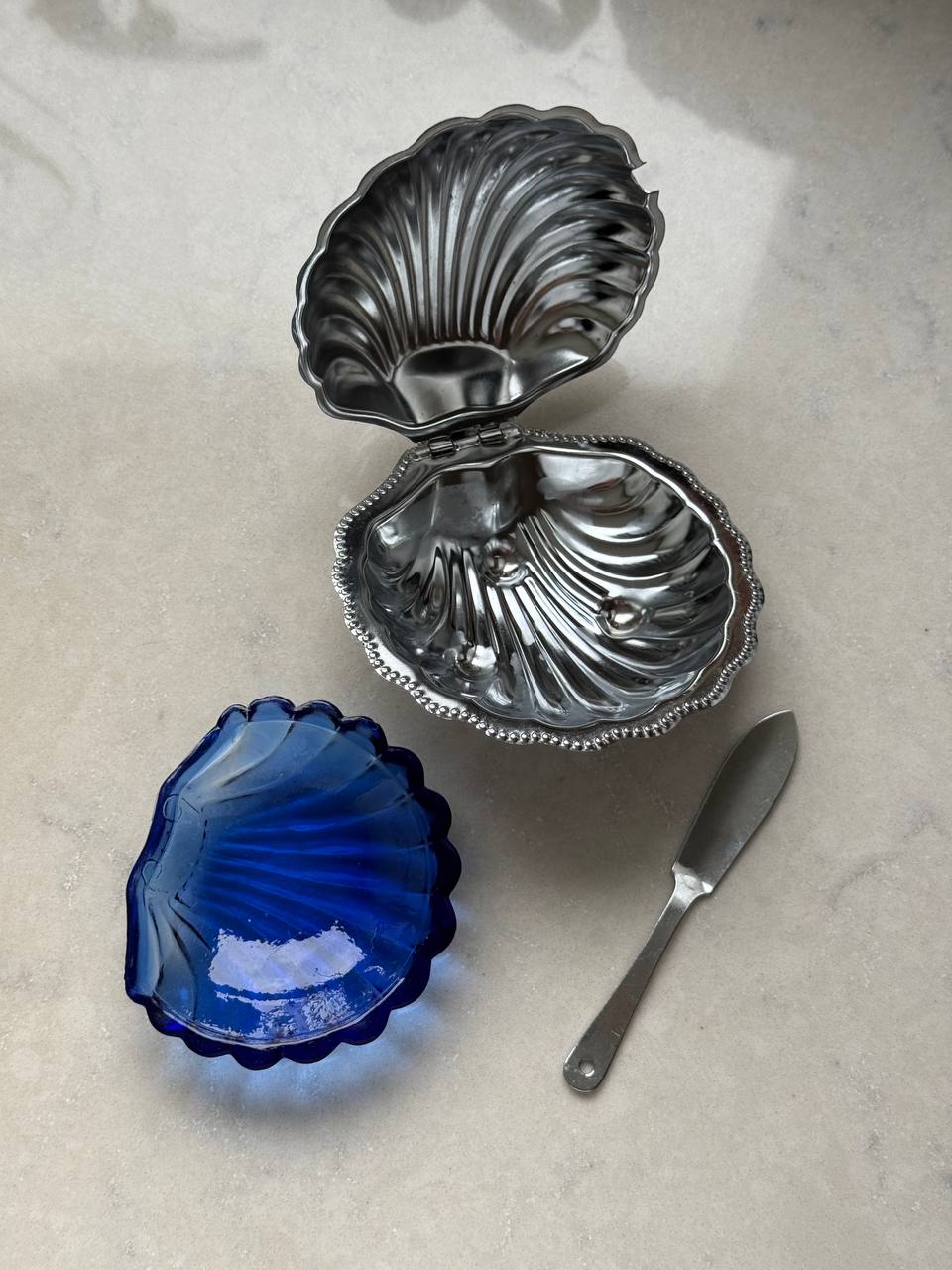 Vintage Clam Shell Butter Dish with Knife - Silver & Cobalt Blue Glass