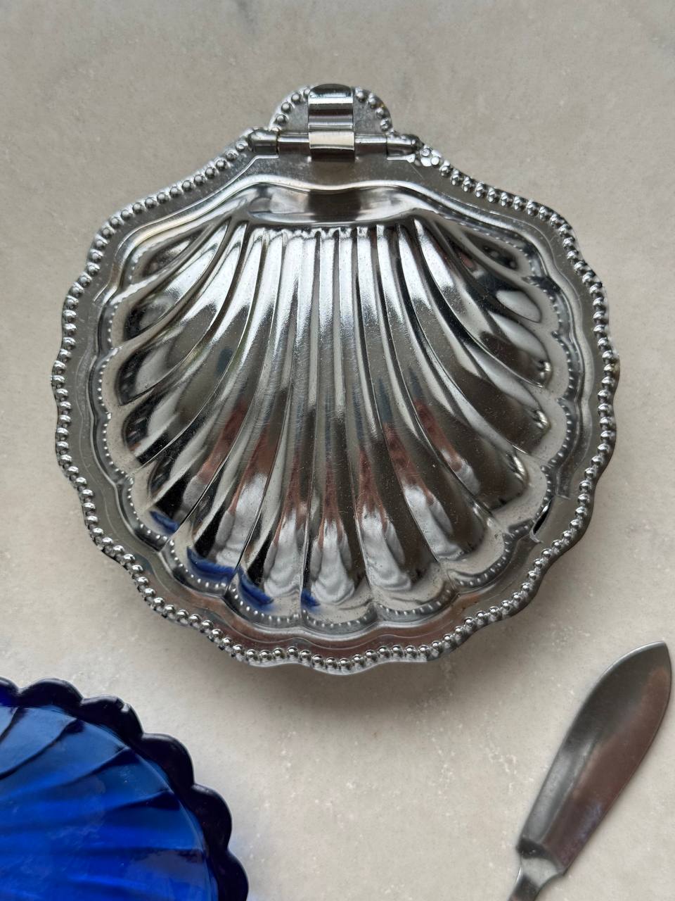 Vintage Clam Shell Butter Dish with Knife - Silver & Cobalt Blue Glass