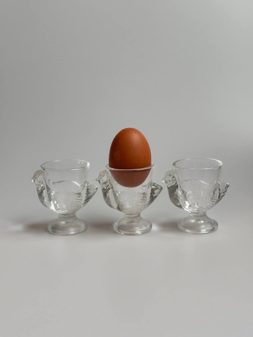 Vintage French Chicken-Shaped Glass Egg Cups (Clear) – Set of 4