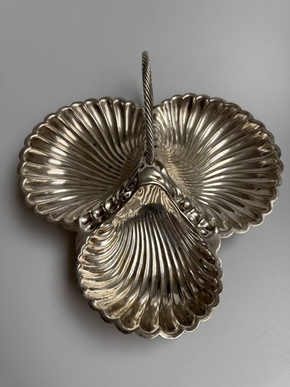 Vintage William Hutton Silver-Plated Triple Clam Shell Bon-Bon Dish with Handle