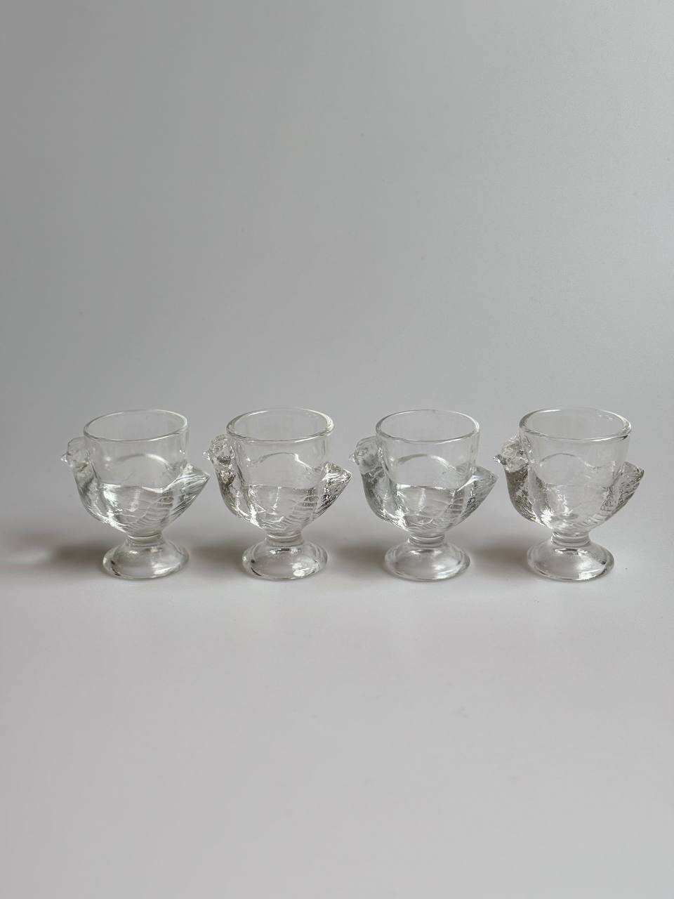 Vintage French Chicken-Shaped Glass Egg Cups (Clear) – Set of 4