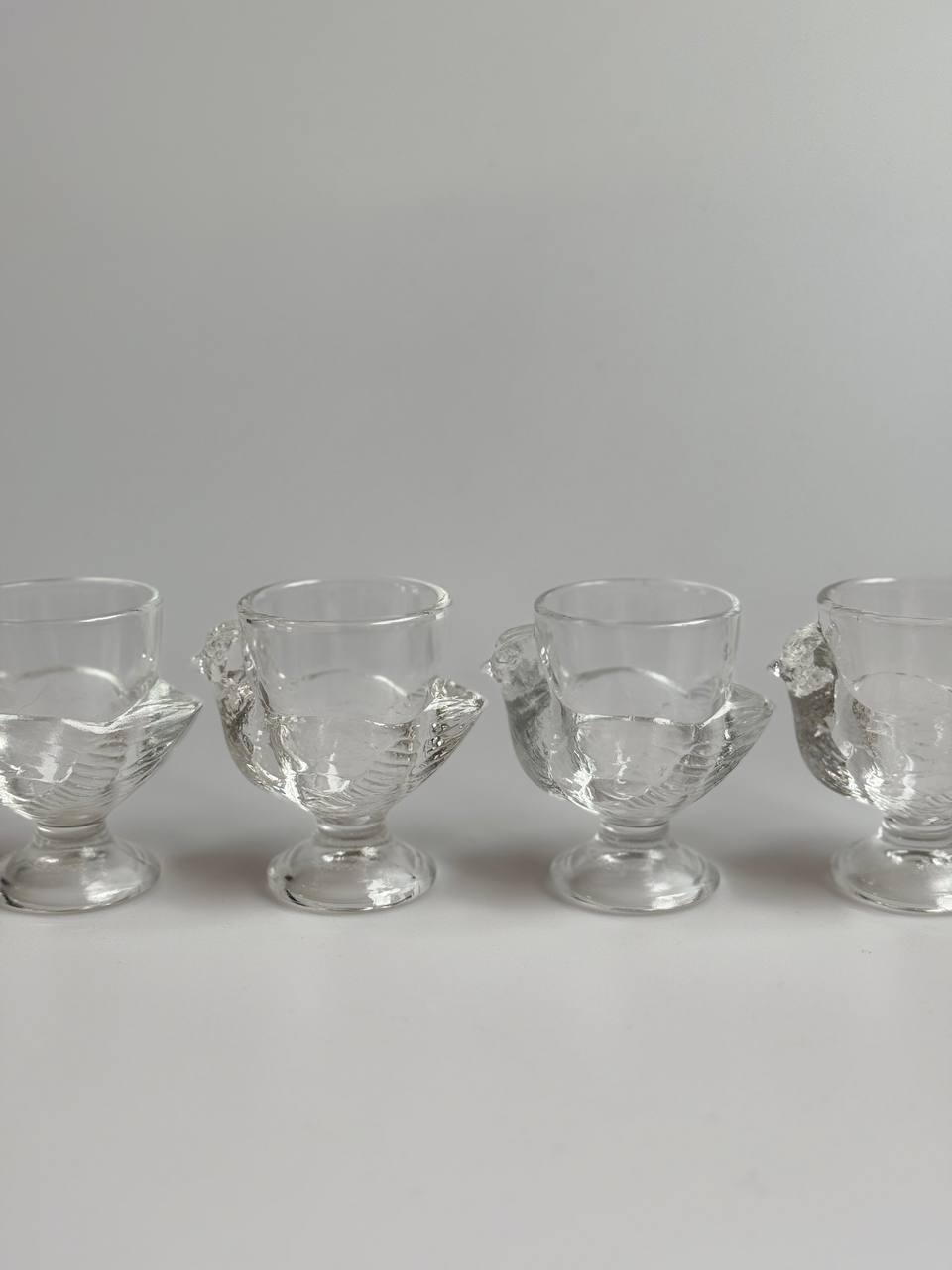 Vintage French Chicken-Shaped Glass Egg Cups (Clear) – Set of 4