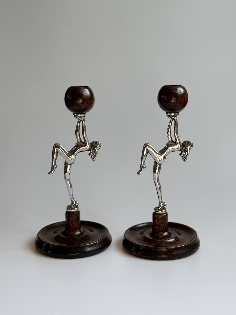 Pair of Vintage Art Deco Chrome & Wood Gymnast Candlesticks