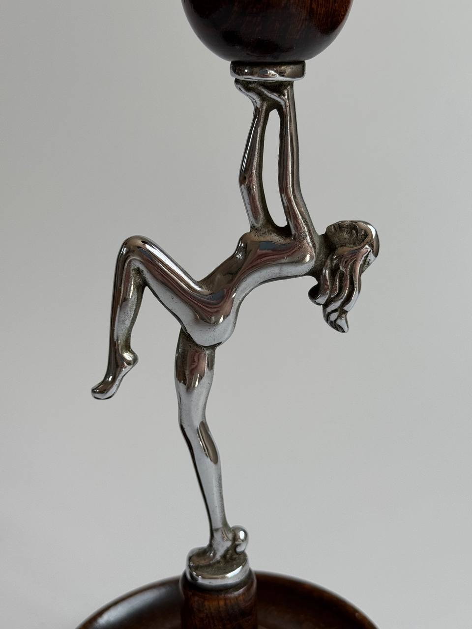 Pair of Vintage Art Deco Chrome & Wood Gymnast Candlesticks