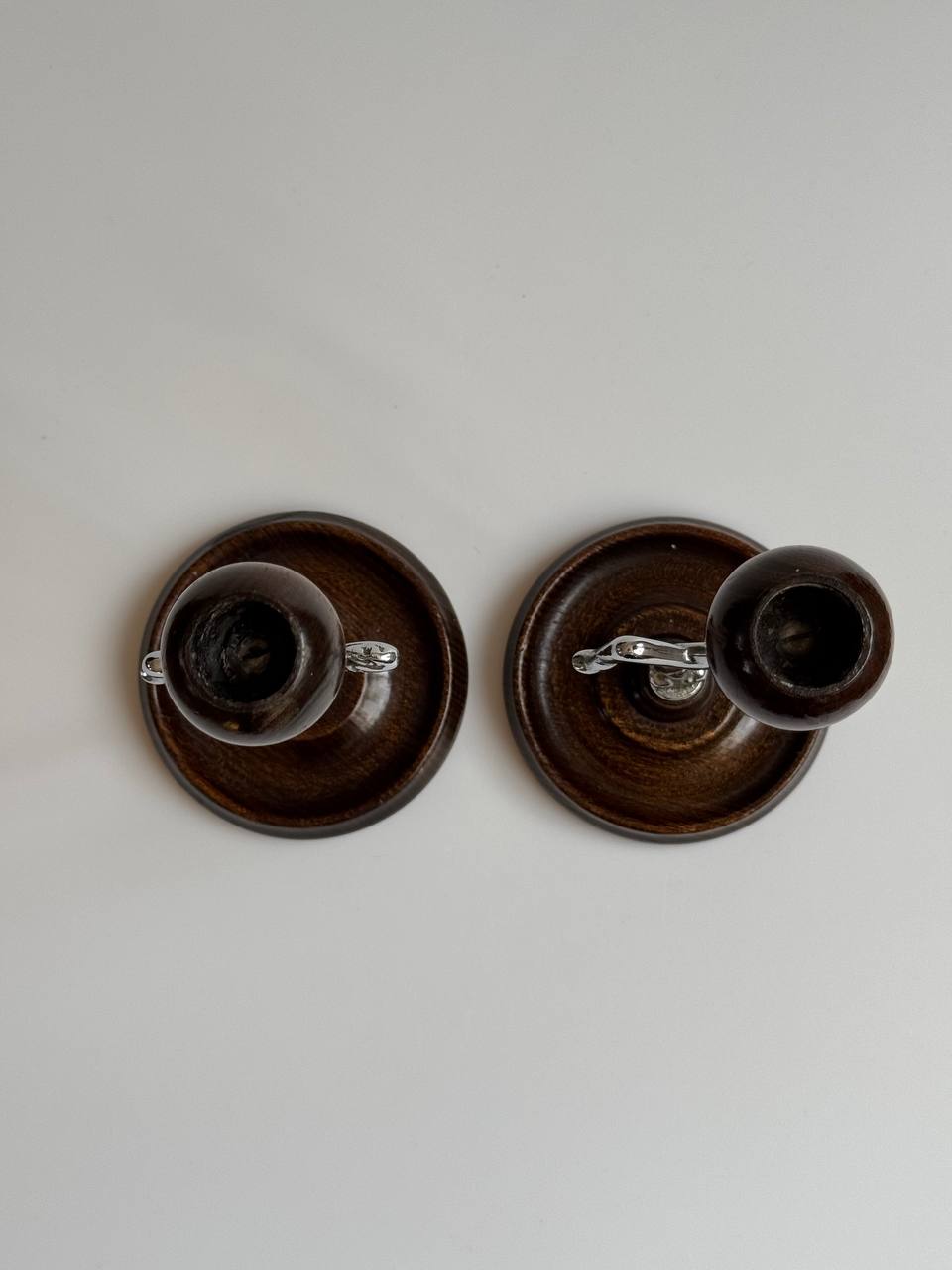 Pair of Vintage Art Deco Chrome & Wood Gymnast Candlesticks