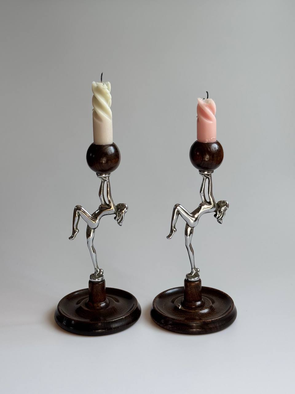 Pair of Vintage Art Deco Chrome & Wood Gymnast Candlesticks