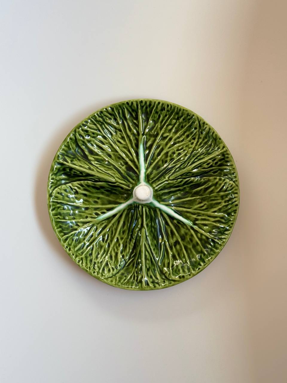 Vintage Majolica Cabbage Leaf Divided Dish – 1970s Pottery