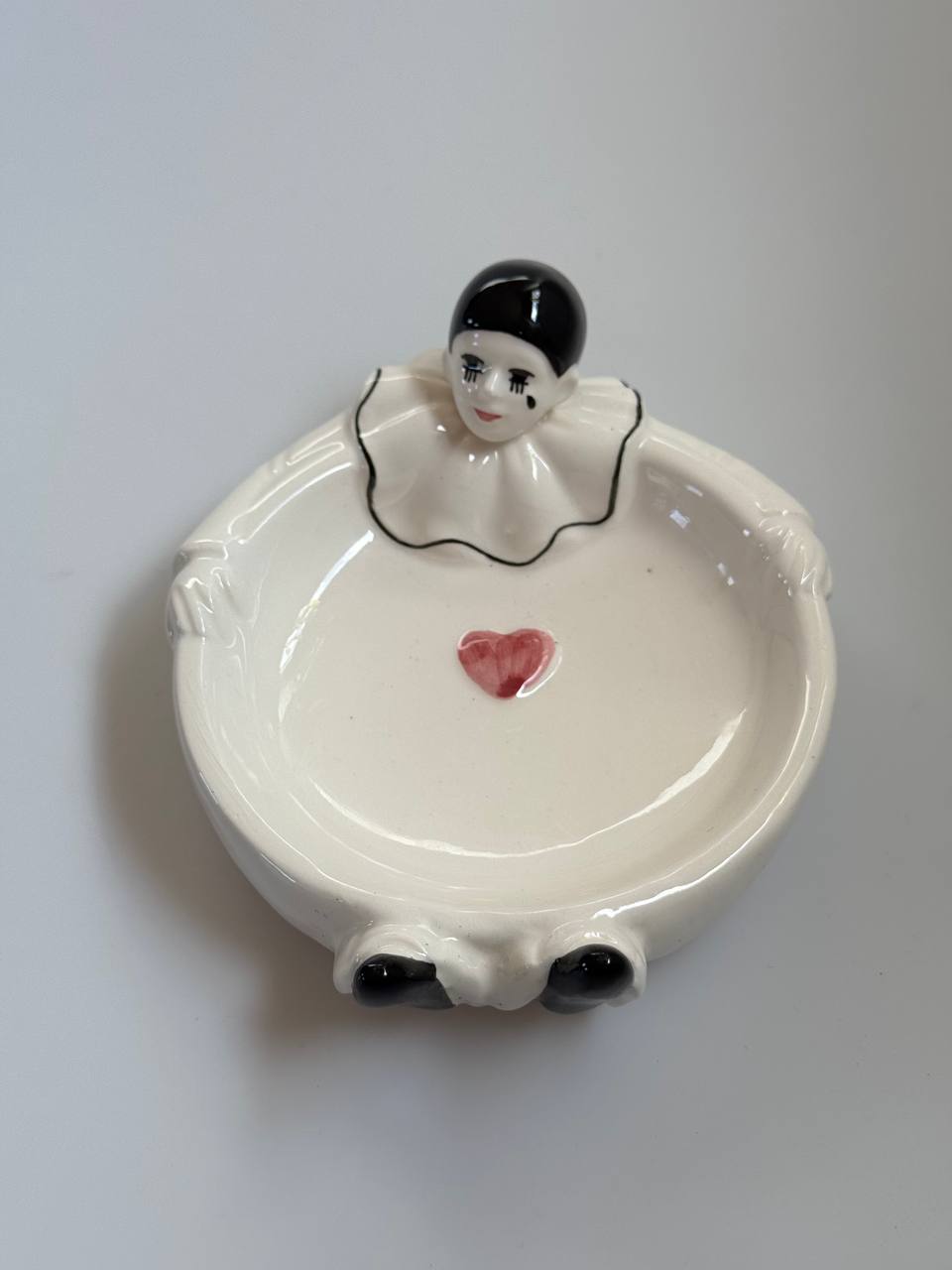 Vintage Eurocraft Japan Pierrot Clown Trinket Dish – Ceramic Figurine Bowl with Heart Detail